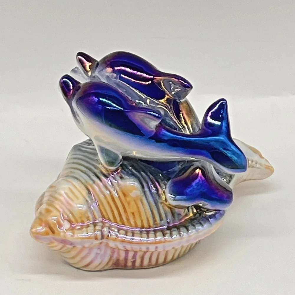 Vintage Lusterware Iridescent Porcelain Dolphins On Seashell Mirtex Trading